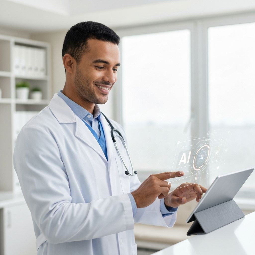 Dominican medical professional using Medi Asiste on tablet in modern clinic